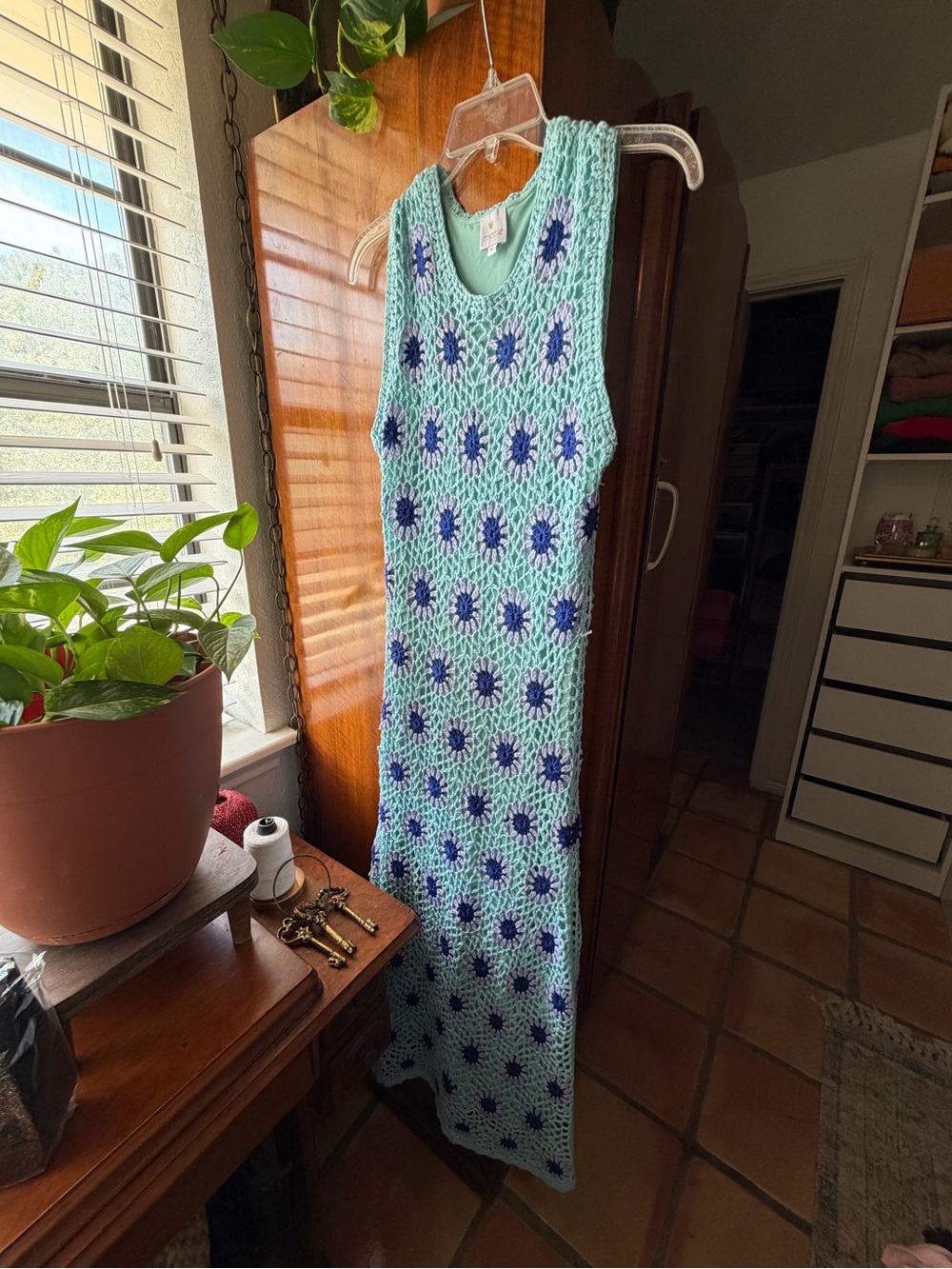 J.Marie M Mint Floral Crochet Granny Square Boho Maxi Dress